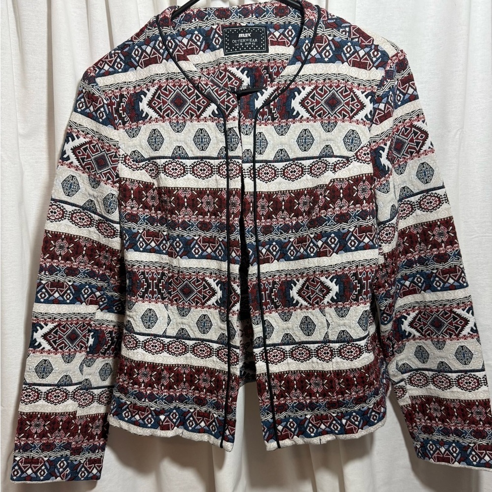 Boho Aztec Tapestry Jacket Women UK 12 Tribal Southwestern Open Front